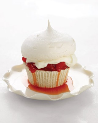 Meringue Cupcakes with Strawberry Rhubarb and Creme Fraiche